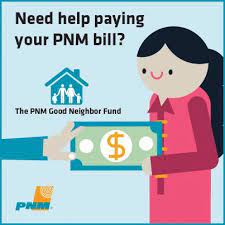 PNM good neighbor fund graphic with PNM logo and a cartoon person getting money. 