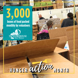 Volunteers packing boxes, with text that reads: "3,000 boxes of food packed monthly by volunteers."