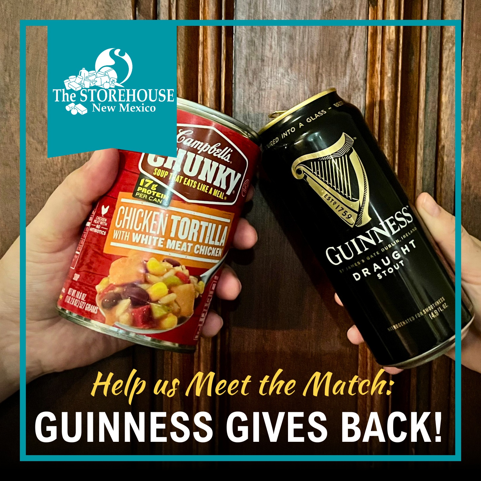 Guiness can and soup can image saying help us meet the match for Guinness Gives Back